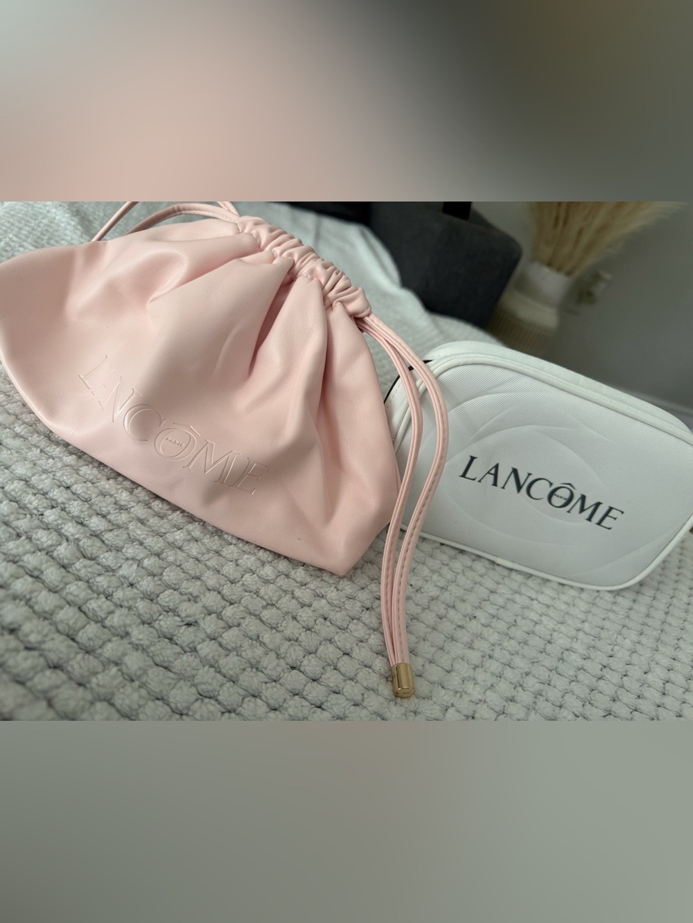Lancome Pink Drawstring Cosmetic Pouch with White Quilted Case